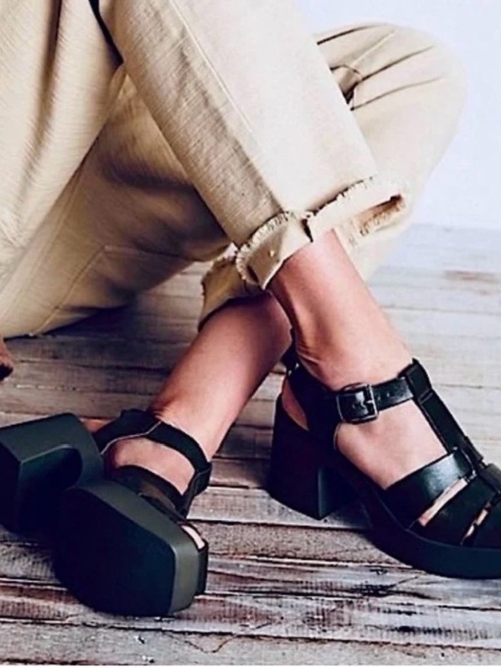 Free People Black Platform T-Strap Block Sandals